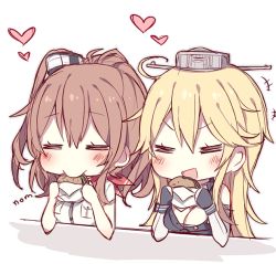 Rule 34 | 10s, 2girls, = =, bare shoulders, blonde hair, blush, breasts, brown hair, burger, chibi, cleavage, commentary, eating, closed eyes, food, hair ornament, heart, iowa (kancolle), kantai collection, kvlen, large breasts, laughing, long hair, medium breasts, multiple girls, open mouth, ponytail, saratoga (kancolle), side ponytail, smile, upper body