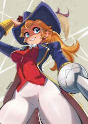 Rule 34 | 1girl, absurdres, artist name, ascot, blonde hair, blue eyes, blue hat, blue jacket, daferq, earrings, from below, grin, hat, highres, holding, holding sword, holding weapon, jacket, jewelry, long hair, looking at viewer, mario (series), nintendo, official alternate costume, open clothes, open jacket, pants, princess peach, princess peach: showtime!, rapier, red vest, smile, solo, sphere earrings, sword, swordfighter peach, teeth, vest, weapon, white ascot, white pants