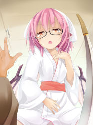 Rule 34 | 1girl, animal ears, bad id, bad pixiv id, bespectacled, blush, girl on top, glasses, japanese clothes, katana, looking at viewer, mystia lorelei, ogami kazuki, open mouth, pink hair, pov, red eyes, short hair, solo focus, sword, touhou, weapon, wings