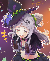 Rule 34 | 1girl, black hat, blunt bangs, blush, breasts, brown background, brown gloves, cleavage, commentary request, dated, gloves, gradient background, grey hair, hair ornament, haruyama kazunori, hat, highres, hololive, long hair, looking at viewer, midriff, murasaki shion, murasaki shion (1st costume), navel, open mouth, orange eyes, small breasts, solo, teeth, twitter username, upper teeth only, virtual youtuber, witch hat