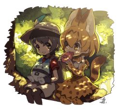 Rule 34 | 10s, 2girls, :3, alternate eye color, animal ears, animal print, artist name, backpack, bag, bare shoulders, black gloves, black hair, black legwear, bow, bowtie, brown eyes, bucket hat, bush, cropped legs, cross-laced clothes, dappled sunlight, day, dot nose, elbow gloves, eye contact, eyelashes, fang, food, gloves, grin, hair between eyes, hat, hat feather, higashi cc2, high-waist skirt, holding, holding food, in tree, japari bun, kaban (kemono friends), kemono friends, looking at another, looking to the side, lucky beast (kemono friends), multiple girls, open mouth, orange eyes, orange hair, outdoors, pantyhose, print bow, print bowtie, print legwear, print neckwear, print skirt, red shirt, serval (kemono friends), serval print, serval tail, shirt, short hair, short sleeves, shorts, signature, sitting, sitting in tree, skirt, sleeveless, sleeveless shirt, smile, sunlight, tail, tareme, teeth, thighhighs, tree, white shirt