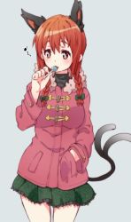 Rule 34 | 1girl, alternate costume, animal ears, blue background, bow, braid, candy, cat ears, cat tail, coat, extra ears, food, hair bow, hair ornament, hand in pocket, jacket, kaenbyou rin, lollipop, long hair, long sleeves, multiple tails, musical note, orange hair, quaver, red eyes, red hair, shirokuma (nankyoku), simple background, skirt, smile, solo, tail, touhou, turtleneck, twin braids, vest