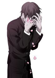 Rule 34 | 1boy, copyright request, covered face, covering face, cowboy shot, crying, da huang, dated commentary, gakuran, hands on own face, hands up, long sleeves, male focus, pale skin, petals, school uniform, short hair, simple background, solo, white background