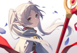 Rule 34 | 1girl, absurdres, blurry, blurry foreground, capelet, commentary, earrings, elf, falling petals, floating hair, frieren, from side, glint, gold trim, gradient background, green eyes, grey hair, highres, hishiki (pixi14719710), jewelry, long hair, looking at viewer, mage staff, parted bangs, parted lips, petals, pointy ears, portrait, short eyebrows, sidelocks, solo, sousou no frieren, turning head, twintails, white capelet