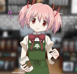 Rule 34 | 1girl, ?, adapted costume, apron, beige vest, blurry, blurry background, blush, cafe, coffee cup, commentary, confused, cup, disposable cup, dot nose, english commentary, green apron, hair ribbon, head tilt, highres, holding, holding cup, holding pen, iced latte with breast milk (meme), kaname madoka, long sleeves, looking at viewer, mahou shoujo madoka magica, mahou shoujo madoka magica (anime), meme, mitakihara school uniform, neck ribbon, pen, pink eyes, pink hair, red ribbon, ribbon, school uniform, shirt, short hair, short twintails, sidelocks, sleeve cuffs, smile, solo, starbucks, tareme, twintails, twitter username, white shirt, winterflandraws