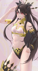 Rule 34 | 1girl, absurdres, armlet, asymmetrical legwear, asymmetrical sleeves, bare shoulders, black hair, blush, breasts, character name, commentary, crown, detached collar, earrings, fate/grand order, fate (series), hair ribbon, highres, hoop earrings, ishtar (fate), jewelry, long hair, looking at viewer, medium breasts, navel, neck ring, parted bangs, red eyes, ribbon, single thighhigh, smile, solo, tenpai, thighhighs, two side up, uneven legwear, uneven sleeves