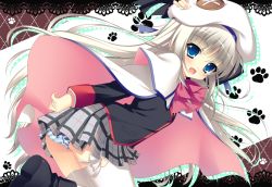 Rule 34 | 1girl, blue eyes, bow, cape, fang, hair ornament, hat, leaning forward, little busters!, long hair, noumi kudryavka, panties, pink bow, plaid, plaid skirt, raiou, school uniform, silver hair, skirt, solo, striped clothes, striped panties, thighhighs, underwear