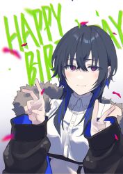 Rule 34 | 1girl, black coat, breasts, closed mouth, coat, collared shirt, confetti, crossed bangs, double v, fur-trimmed coat, fur trim, hands up, happy birthday, highres, ichinose uruha, long hair, looking at viewer, lupinus virtual games, no nose, open clothes, open coat, purple eyes, shirt, sidelocks, sleeveless, sleeveless shirt, small breasts, smile, solo, upper body, v, virtual youtuber, vspo!, white shirt, zakki3939