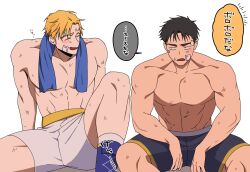 Rule 34 | 2boys, abs, after battle, ao isami, bandaid, bandaid on cheek, bandaid on face, black hair, blonde hair, blush, couple, facial hair, happy, highres, knee up, kobabayashi0704, large pectorals, lewis smith, male focus, medium sideburns, multiple boys, muscular, muscular male, navel, no nipples, pectorals, shorts, sideburns stubble, sideways glance, simple background, sitting, speech bubble, stubble, sweat, thick eyebrows, topless male, translation request, white background, wrestling outfit, yaoi, yuuki bakuhatsu bang bravern
