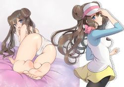 Rule 34 | 1girl, all fours, ass, barefoot, black pantyhose, blue eyes, blue sleeves, breasts, brown hair, cameltoe, creatures (company), double bun, feet, floating hair, from behind, game freak, grey background, hair between eyes, hair bun, long hair, long sleeves, looking at viewer, looking back, medium breasts, mokorei, multiple views, nintendo, nipples, open mouth, panties, pantyhose, pokemon, pokemon adventures, pokemon bw2, print shirt, rosa (pokemon), shirt, shorts, soles, standing, toes, twintails, underwear, very long hair, visor cap, white panties, white shirt, yellow shorts