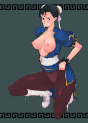Rule 34 | 1girl, black hair, blush, boots, bracelet, breasts, bun cover, capcom, china dress, chinese clothes, chun-li, double bun, dress, g-room honten, green eyes, jewelry, kneeling, large breasts, nipples, open clothes, open shirt, panties, panties under pantyhose, pantyhose, pelvic curtain, sash, shirt, solo, spiked bracelet, spikes, squatting, street fighter, underwear, white panties