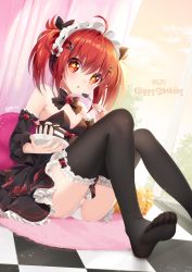 Rule 34 | 1girl, ahoge, bad id, bad pixiv id, bare shoulders, black bow, black dress, black thighhighs, blush, bow, cake, cake slice, checkered floor, cloud, curtains, dated, day, detached sleeves, dress, dutch angle, feet, food, fork, frilled thighhighs, frills, gothic lolita, hair between eyes, hair bow, hair ornament, hairband, hairclip, happy birthday, highres, holding, holding fork, holding plate, indoors, lolita fashion, lolita hairband, long sleeves, looking at viewer, mvv, no shoes, original, panties, parted lips, plate, red eyes, red hair, signature, sitting, soles, solo, star-shaped pupils, star (symbol), strapless, strapless dress, symbol-shaped pupils, thighhighs, toes, twintails, underwear, vivian (mvv), white panties, window