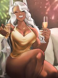 Rule 34 | 1girl, :d, alternate hairstyle, animal ears, bare arms, bare shoulders, blurry, blurry background, boku no hero academia, breasts, champagne flute, cleavage, closed eyes, commentary, cup, dark-skinned female, dark skin, drinking glass, english commentary, fingernails, fireworks, gold dress, gold nails, happy new year, highres, holding, holding cup, large breasts, long eyelashes, long fingernails, long hair, looking at viewer, mirko, nail polish, new year, open mouth, rabbit ears, rabbit girl, sitting, smile, solo, teeth, thick thighs, thighs, toned, very long hair, wavy hair, white hair, zukululuu