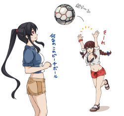 Rule 34 | 2girls, abyssal ship, alternate costume, ball, black hair, blue shirt, braid, breasts, brown hair, brown shorts, cleavage, commentary request, enemy naval mine (kancolle), green eyes, kantai collection, long hair, medium breasts, midriff, multiple girls, noshiro (kancolle), official alternate costume, ponytail, red eyes, red shorts, shirt, shorts, sidelocks, simple background, suda (yuunagi enikki), swept bangs, teeth, tied shirt, twin braids, white background, yahagi (kancolle)
