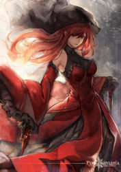 Rule 34 | 1girl, black gloves, detached sleeves, dress, gloves, gun, handgun, holding, holding gun, holding weapon, hood, long hair, looking at viewer, pixiv fantasia, pixiv fantasia t, red dress, red eyes, red hair, red queen (pixiv fantasia), revision, revolver, ryuuzaki ichi, solo, weapon