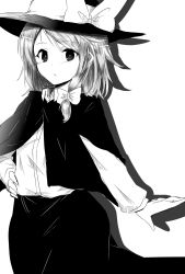 Rule 34 | 1girl, blush, bow, capelet, collared shirt, cowboy shot, efukei, greyscale, hair bow, hand on own hip, hat, hat bow, highres, long sleeves, looking at viewer, monochrome, shadow, shirt, short hair, sidelocks, simple background, skirt, solo, touhou, usami renko, white background