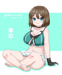 Rule 34 | 1girl, aqua background, black gloves, blue eyes, breasts, brown hair, character name, commentary request, dated, full body, gloves, hair ornament, hairclip, indian style, kantai collection, large breasts, looking at viewer, masara (chuujou), maya (kancolle), maya kai ni (kancolle), navel, pleated skirt, school uniform, serafuku, short hair, sitting, skirt, sleeveless, solo, twitter username, two-tone background, white background, white skirt, x hair ornament