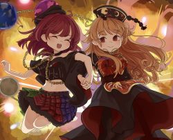 Rule 34 | 2girls, absurdres, black dress, black shirt, blonde hair, chain, closed eyes, closed mouth, clothes writing, dress, full body, headdress, hecatia lapislazuli, highres, holding hands, junko (touhou), long hair, looking at viewer, multicolored clothes, multicolored skirt, multiple girls, navel, open mouth, plaid, plaid skirt, red eyes, red hair, shirt, short hair, skirt, smile, t-shirt, tabard, touhou, tutuntudenden