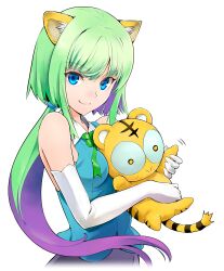 1girl animal_ears between_breasts blue_eyes blue_shirt breasts cat_ears character_doll colored_inner_hair commentary_request elbow_gloves gloves green_hair highres holding holding_stuffed_toy kuromimi_kotora multicolored_hair original ponytail purple_hair shirotsumekusa shirt sleeveless sleeveless_shirt small_breasts smile solo stuffed_toy toranoana two-tone_hair upper_body white_gloves