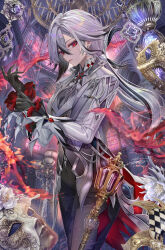 Rule 34 | 1girl, absurdres, arlecchino (genshin impact), black hair, black hands, black pants, breasts, flower, formal, genshin impact, grey eyes, grey hair, grey jacket, hair between eyes, highres, jacket, long hair, long sleeves, looking at viewer, medium breasts, multicolored hair, open clothes, open jacket, pants, red pupils, solo, staff, streaked hair, suit, symbol-shaped pupils, torino aqua, x-shaped pupils