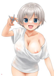 Rule 34 | 1girl, absurdres, blue eyes, blush, breasts, collarbone, commission, covered erect nipples, cowboy shot, fang, grey hair, hair between eyes, highres, large breasts, leaning forward, looking at viewer, nao suke, nipple slip, nipples, open mouth, oversized clothes, scissors, see-through, shirt, short hair, simple background, single bare shoulder, skeb commission, smile, solo, uzaki-chan wa asobitai!, uzaki hana, white background, white shirt