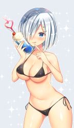 Rule 34 | 10s, 1girl, bikini, black bikini, blue eyes, blush, breasts, cherry, cleavage, collarbone, covered erect nipples, cowboy shot, crazy straw, cup, drink, drinking glass, drinking straw, food, fruit, grey background, hair ornament, hair over one eye, hairclip, hamakaze (kancolle), heart straw, highres, holding, holding cup, holding drinking glass, ice cream, kantai collection, large breasts, micro bikini, navel, ntk (7t5), panties, shiny clothes, short hair, side-tie bikini bottom, silver hair, simple background, skindentation, smile, solo, sparkle, swimsuit, tongue, tongue out, underwear