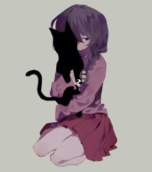 Rule 34 | 1girl, animal, animal hug, black cat, braid, brown hair, cat, closed mouth, commentary request, empty eyes, expressionless, full body, hair over shoulder, half-closed eyes, higa423, highres, holding, holding animal, holding cat, kneeling, light brown background, long hair, long sleeves, looking to the side, madotsuki, pink sweater, pleated skirt, red eyes, red skirt, shoes, simple background, skirt, solo, sweater, turtleneck, turtleneck sweater, unusually open eyes, yume nikki
