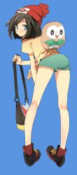 Rule 34 | 10s, 1girl, ass, bag, bare legs, beanie, black hair, blue background, blue eyes, blush, closed mouth, creatures (company), from behind, full body, game freak, gen 7 pokemon, green shorts, handbag, hat, highres, leaning forward, looking at viewer, looking back, nintendo, pokemon, pokemon (creature), pokemon sm, red hat, rowlet, s ko, selene (pokemon), shirt, shoes, short hair, short shorts, short sleeves, shorts, smile, sneakers, swept bangs, t-shirt