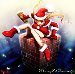 Rule 34 | 1girl, blonde hair, boots, chimney, christmas, gift, gloves, hat, one eye closed, red gloves, santa boots, santa costume, santa hat, solo, stuck, twintails, ueda metawo, wink