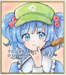 Rule 34 | 1girl, 2zuz4hru, \||/, blue eyes, blue hair, blunt bangs, cattail, closed mouth, commentary request, expressionless, frilled shirt collar, frills, hair bobbles, hair ornament, hand up, hat, holding, holding plant, kawashiro nitori, looking to the side, medium hair, painting (medium), plant, portrait, solo, touhou, traditional media, two side up, watercolor (medium)