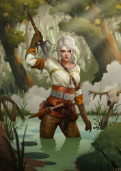 Rule 34 | 1girl, absurdres, armband, bandaged arm, bandages, belt, blood, breasts, brown gloves, ciri, dagger, gloves, green eyes, highres, ian loginov, injury, knife, leather, lips, looking at viewer, md5 mismatch, runny makeup, sarashi, scar, sheath, shirt, short hair, small breasts, solo, sword, the witcher (series), the witcher 3, unsheathing, wading, weapon, weapon on back, wetland, white hair