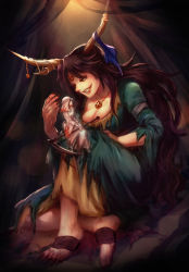 Rule 34 | 2girls, absurdres, angrboda, breasts, brown hair, cleavage, dress, green dress, grin, hel (norse mythology), highres, horns, jewelry, long hair, looking at another, mother and daughter, multiple girls, necklace, nightmaresyrup, norse mythology, original, scythe, setz, sharp toenails, sitting, sitting on lap, sitting on person, size difference, smile, toenails, torn clothes, torn dress, white dress