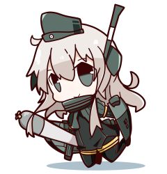 Rule 34 | 10s, 1girl, chibi, grey eyes, hat, highres, kantai collection, long hair, looking at viewer, machinery, nuu (nu-nyu), silver hair, simple background, smile, solo, torpedo, u-511 (kancolle), white background