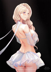 Rule 34 | 1girl, ass, back, bare shoulders, blonde hair, blush, breasts, detached sleeves, fire emblem, fire emblem: three houses, highres, long hair, long sleeves, looking at viewer, looking back, medium breasts, mercedes von martritz, miniskirt, nintendo, panties, parted bangs, puffy long sleeves, puffy sleeves, purple eyes, see-through, shiro font, skirt, smile, solo, thighs, underwear, white panties, white skirt
