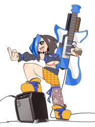 Rule 34 | 10s, 1girl, amplifier, bad id, bad twitter id, black hair, blue hair, blush, breasts, detached sleeves, electric guitar, fangs, female focus, full body, guitar, gun, hair over one eye, highres, hishigata, instrument, large breasts, long sleeves, middle finger, miniskirt, multicolored hair, navel, parody, plaid, plaid skirt, sakyou (senran kagura), senran kagura, senran kagura new wave, short hair, simple background, single thighhigh, skirt, solo, speaker, standing, star (symbol), star print, style parody, thighhighs, tongue, tongue out, two-tone hair, underboob, weapon, white background, yellow skirt, zettai ryouiki