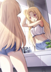 Rule 34 | 1girl, absurdres, arms up, ass, azur lane, bare shoulders, blonde hair, blue shorts, bonsai, breasts, casual, cleveland (azur lane), commentary request, cosmetics, cowboy shot, crop top, curtains, dolphin shorts, dutch angle, hair tie, highres, indoors, long hair, looking at mirror, midriff, mirror, morning, mouth hold, navel, one side up, parted bangs, red eyes, reflection, short shorts, shorts, sidelocks, small breasts, standing, tank top, tying hair, white tank top, window, yuki shizuku