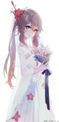 Rule 34 | 1girl, absurdres, alternate costume, artist name, bouquet, bridal veil, bride, brown hair, closed mouth, dated, dress, feet out of frame, flower, flower-shaped pupils, from side, genshin impact, gradient hair, hair flower, hair ornament, highres, holding, holding bouquet, hu tao (genshin impact), long sleeves, looking at viewer, looking to the side, multicolored hair, pink flower, pink rose, red eyes, red flower, red hair, rose, see-through, sidelocks, simple background, sky, smile, solo, standing, swkl:d, symbol-shaped pupils, twintails, veil, wedding dress, white background, white dress, wide sleeves