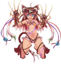 Rule 34 | 1girl, :d, animal ears, animal hands, armlet, bell, blue eyes, bra, braid, brown hair, cat ears, cat tail, claw (weapon), dark skin, fangs, full body, fur, gradient hair, jingle bell, long hair, multicolored hair, navel, official art, open mouth, sennen sensou aigis, short shorts, shorts, smile, tail, transparent background, tsukigami chronica, twin braids, underwear, ur (sennen sensou aigis), v-shaped eyebrows, weapon, white hair