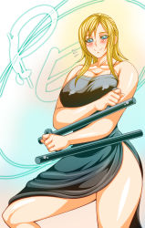 Rule 34 | 1girl, aya brea, baton, blonde hair, blue eyes, breasts, cleavage, dress, female focus, ginnyo, gradient background, happy, highres, large breasts, looking at viewer, no panties, parasite eve, smile, solo, swept bangs, thighs, tonfa, torn clothes, torn dress, vector trace, weapon, white background