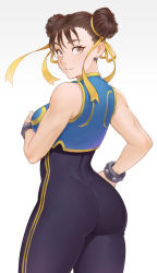 1girl, alternate costume, ass, bangs, bare shoulders, bodysuit, bracelet, breasts, brown eyes, brown hair, capcom, cheshirrr, chun-li, commentary, crop top, double bun, earrings, hair ornament, highres, jewelry, looking at viewer, looking back, medium breasts, mole, mole under eye, parted lips, simple background, skin tight, sleeveless, smile, solo, street fighter, street fighter zero (series), striped, tied hair, unitard, vertical stripes, white background