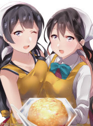 Rule 34 | 2girls, ;d, agano (kancolle), apron, asymmetrical docking, bad id, bad pixiv id, black hair, blue eyes, bow, bowtie, breast press, breasts, collarbone, dress, food, halterneck, juurouta, kantai collection, large breasts, long hair, looking at viewer, multicolored hair, multiple girls, naganami (kancolle), one eye closed, onigiri, open mouth, pink hair, school uniform, serafuku, shirt, smile, twitter username, white background, white shirt, yellow apron