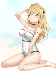 Rule 34 | 1girl, :d, alternate costume, bare legs, barefoot, between legs, blonde hair, blue eyes, blush, bodypaint, braid, breasts, character name, choker, cleavage, collarbone, covered navel, earrings, flower, girls&#039; frontline, hair flower, hair ornament, hand between legs, hand on own head, head tilt, highres, jewelry, k5 (girls&#039; frontline), large breasts, long hair, looking at viewer, one-piece swimsuit, open mouth, pixel (yuxian), shiny skin, sidelocks, simple background, sitting, smile, solo, swimsuit, teeth, thighs, upper teeth only, wariza, wristband