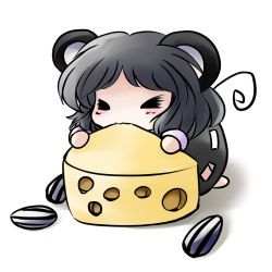 Rule 34 | 1girl, = =, animal ears, barefoot, biting, cheese, chibi, closed eyes, eating, female focus, food, full body, gradient background, mouse ears, mouse tail, nazrin, seed, solo, sunflower seed, tail, touhou, white background, yume shokunin