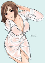 Rule 34 | 1girl, blush, breasts, brown eyes, brown hair, champ+, character request, cleavage, crossed legs, large breasts, leaning forward, long hair, naked shirt, nipples, salute, see-through, shirt, simple background, solo, standing, unbuttoned