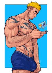 Rule 34 | 1boy, abs, arm hair, arm tattoo, bara, beard, black hair, blue male underwear, blush, boxers, bulge, chest hair, chest tattoo, dark-skinned male, dark skin, facial hair, from side, hairy, holding, holding phone, jasdavi, large pectorals, leg hair, male focus, male underwear, mature male, muscular, muscular male, navel, navel hair, nipples, original, pectorals, phone, pubic tattoo, sexting, short hair, solo, stomach, stubble, tattoo, thighs, twitching penis, undercut, underwear, underwear only, veins