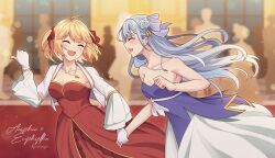 Rule 34 | 2girls, 6+others, absurdres, anisphia wynn palettia, blonde hair, blush, breasts, character name, cinnamyon, cleavage, closed eyes, crowd, dress, euphyllia magenta, gloves, grey hair, hair ribbon, happy, highres, holding hands, indoors, jewelry, laughing, light particles, long hair, multicolored clothes, multiple girls, multiple others, necklace, open mouth, party, purple dress, red dress, red ribbon, ribbon, short hair, smile, tensei oujo to tensai reijou no mahou kakumei, white dress, white gloves, yuri