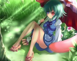 Rule 34 | 1girl, bad id, bad pixiv id, blue dress, blue eyes, dress, eyebrows, female focus, flower, geta, grass, green hair, heterochromia, highres, light rays, long tongue, marionette (excle), nature, no panties, red eyes, short hair, sitting, smile, solo, sunbeam, sunlight, tatara kogasa, toes, tongue, tongue out, touhou, umbrella