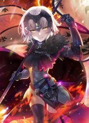 Rule 34 | 1girl, ahoge, armor, armored dress, black armor, black dress, black legwear, breasts, chain, collar, dress, embers, fate/grand order, fate (series), faulds, fire, flag, fur trim, gauntlets, grin, hair between eyes, hand up, headpiece, highres, jeanne d&#039;arc (fate), jeanne d&#039;arc alter (avenger) (fate), jeanne d&#039;arc alter (avenger) (first ascension) (fate), jeanne d&#039;arc alter (fate), large breasts, light particles, looking at viewer, metal collar, naisho na zuku doori, pale skin, plackart, sheath, short hair, silver hair, smile, solo, sword, thighs, vambraces, weapon, yellow eyes
