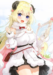 Rule 34 | 1girl, ahoge, animal ears, bag, bare shoulders, black skirt, blonde hair, blush, breasts, commentary, cowboy shot, detached sleeves, dress, fur trim, fuumi (radial engine), hair ornament, hairclip, harp, holding, holding instrument, hololive, horns, instrument, large breasts, long hair, looking at viewer, open mouth, purple eyes, sheep ears, sheep girl, sheep horns, skirt, smile, solo, tsunomaki watame, tsunomaki watame (1st costume), virtual youtuber, white dress, wool
