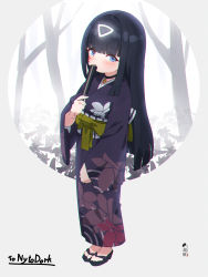 Rule 34 | 1girl, black choker, black footwear, black hair, black kimono, blue eyes, blunt bangs, blush, bow, brown bow, choker, commentary, commission, covered mouth, facial mark, folded fan, folding fan, full body, girls&#039; frontline, grey background, hand fan, highres, holding, holding fan, japanese clothes, kimono, kuro kosyou, long hair, long sleeves, looking at viewer, nyto (generic) (girls&#039; frontline), nyto (girls&#039; frontline), obi, paradeus, sandals, sash, skeb commission, sleeves past wrists, solo, standing, very long hair, wide sleeves, zouri